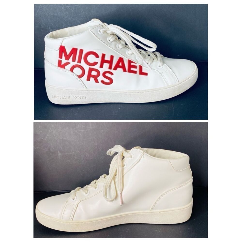 🛍️Michael Kors White Sneakers with Red Logo Mid-High-Tops